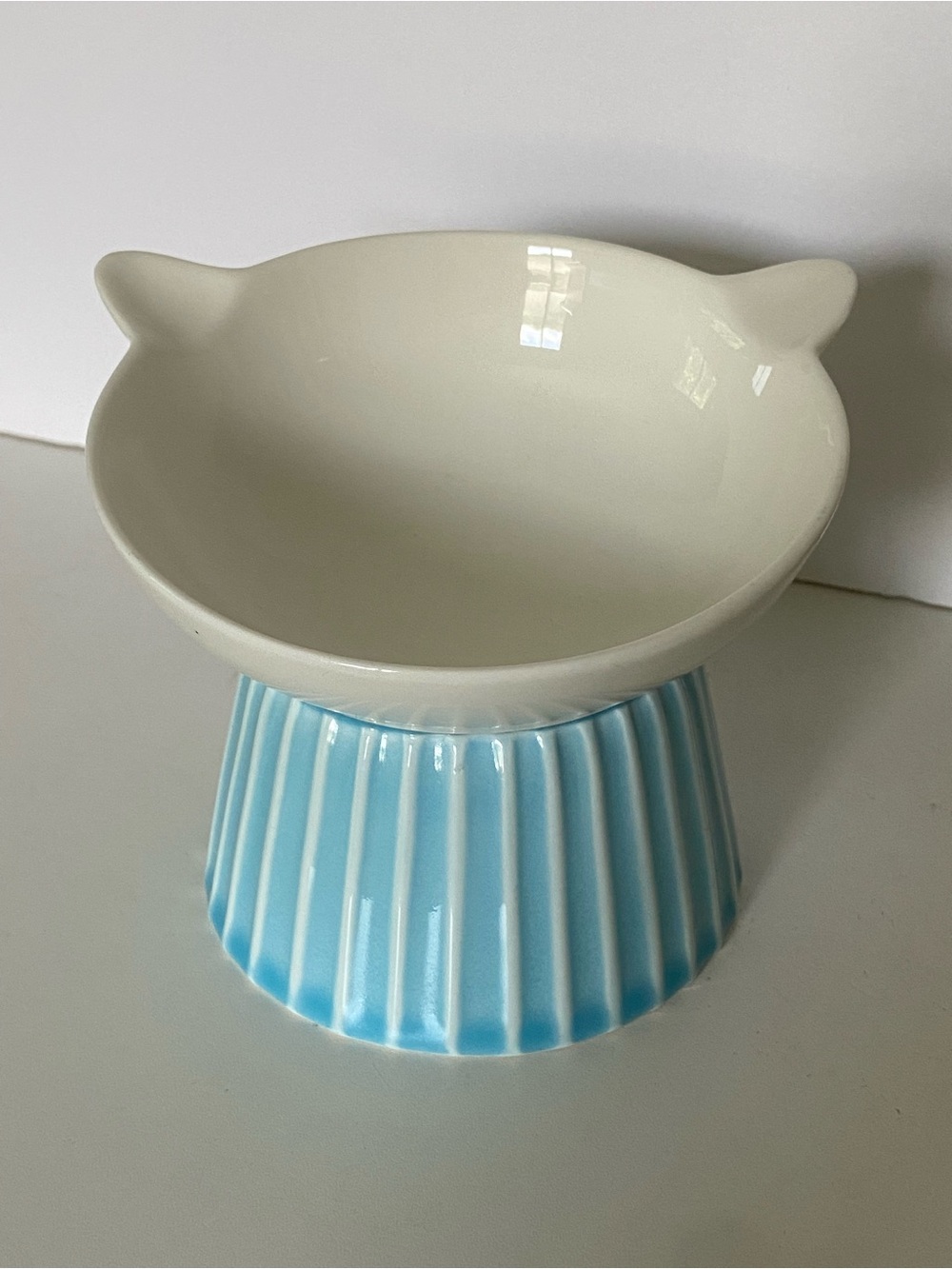 Raised Cat Food Bowl Pedestal Face Ears White Aqua Porcelain Water Dish Ceramic